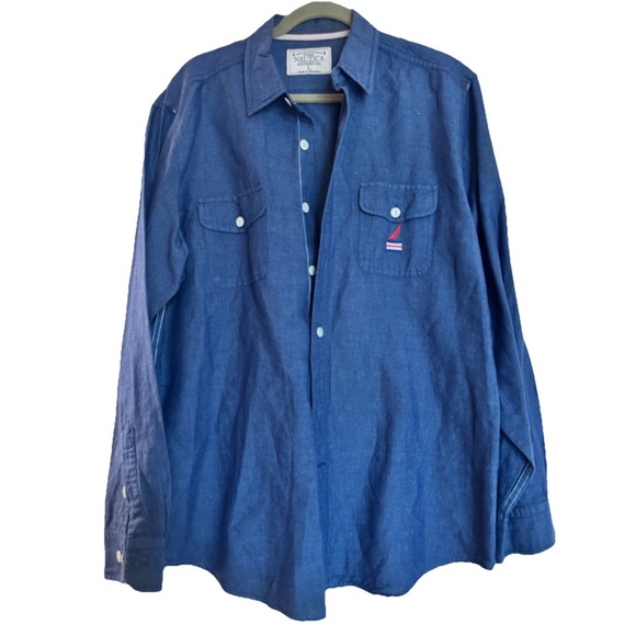 Nautica Linen Blend Chambray L/S Shirt L Blue Patriotic 90's - Picture 2 of 12
